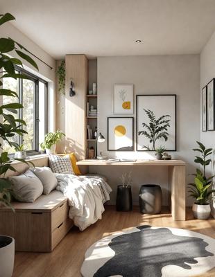 The primary subject of the image is a cozy living space with a bedroom and a living room combined. The setting is a small apartment with a window, and the visual style is a photo. The colors and mood of the image are predominantly white and neutral, creating a calm and serene atmosphere.
